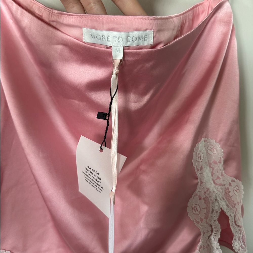 Pink Satin Mini Skirt with White Lace Trim - Picture 3 of 3